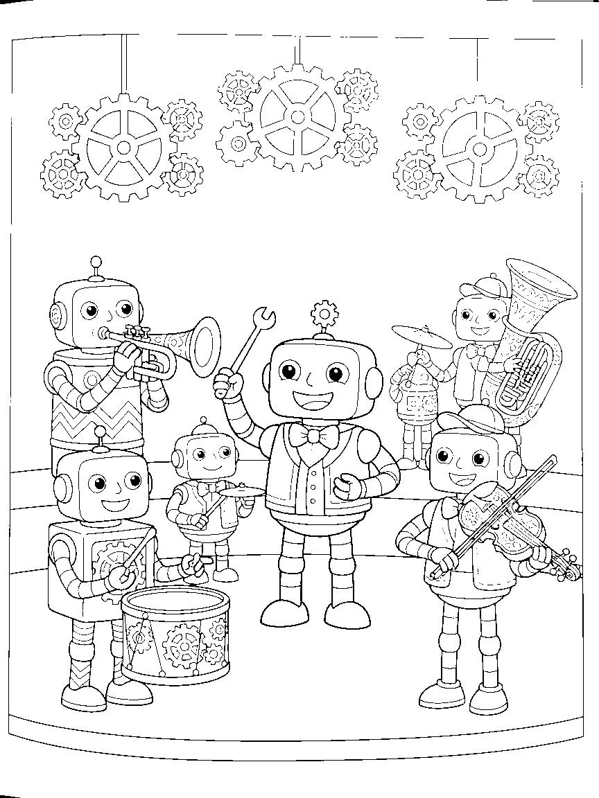 The Clockwork Orchestra coloring page: an orchestra of wind-up robots playing patterned instruments while a conductor-bot waves a wrench baton under gear chandeliers