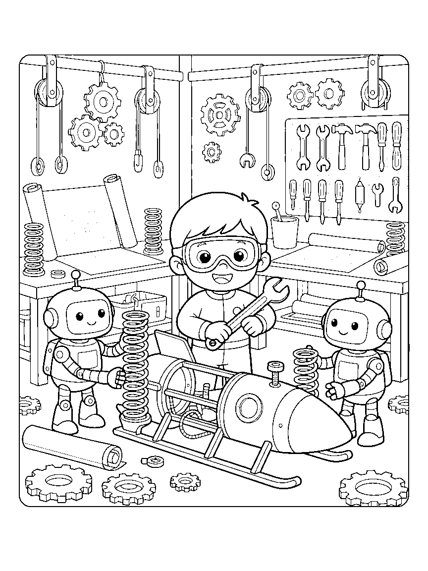 The Invention Workshop coloring page: a detailed workshop with blueprints, gears, pulleys, a half-built rocket sled, tool pegboards, and robot assistants testing springs