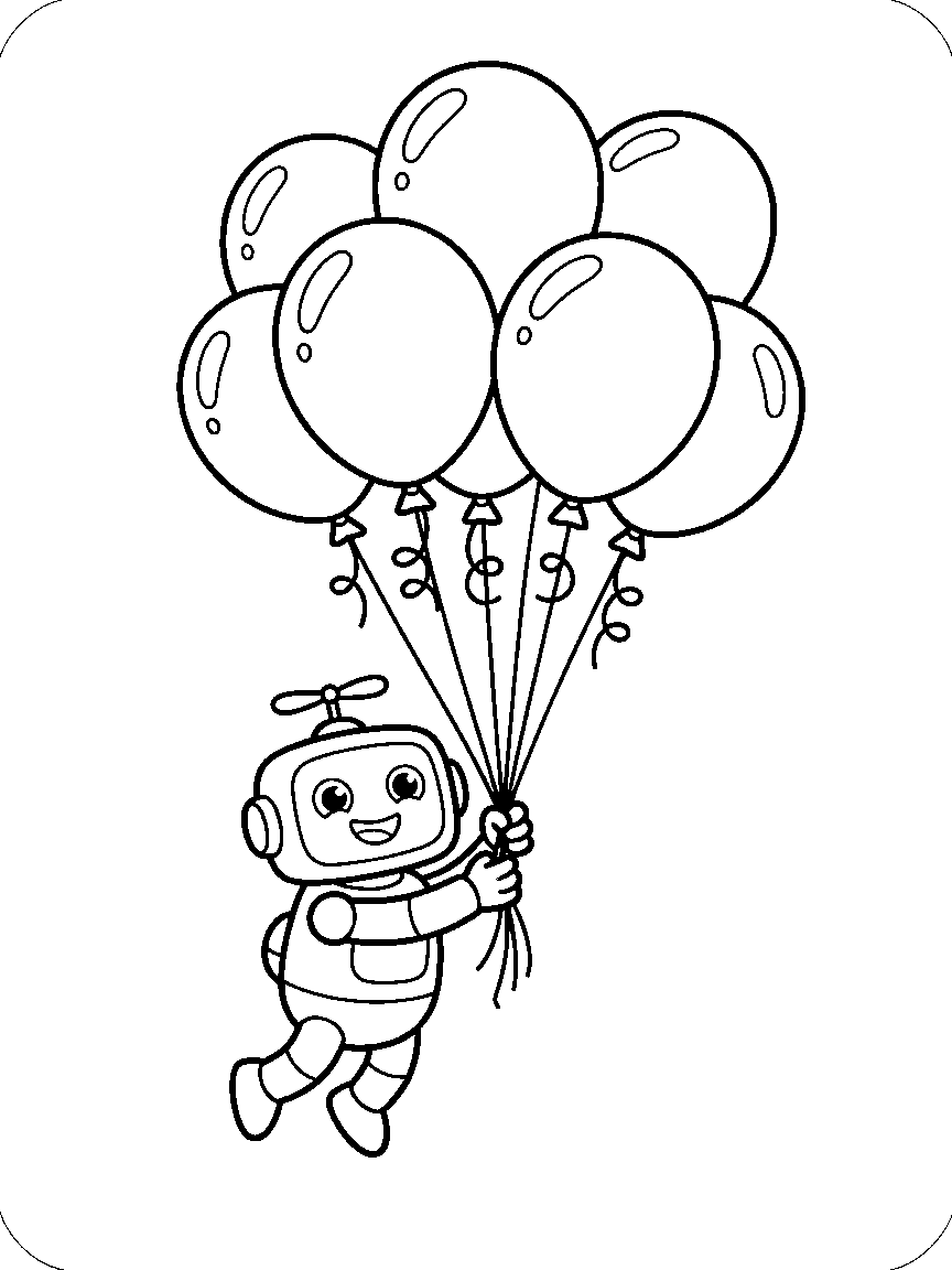 Robot Balloon Delivery coloring page: a hovering robot with propeller hat delivering a bunch of five giant balloons tied with curling strings