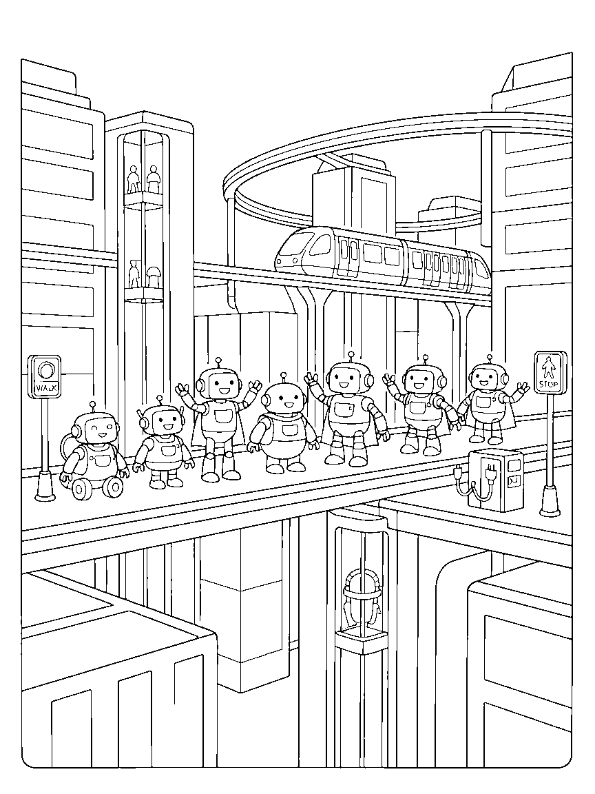 Robot City Transit Day coloring page: a robot city with monorail loops, elevator tubes, charging stations, crossing signals, and commuting robots of every shape