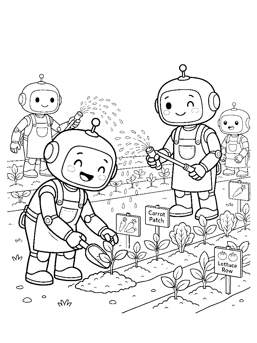 Robot Garden Crew coloring page: gardening robots planting seedlings with scoop hands while a sprinkler-bot waters rows marked by picture signs