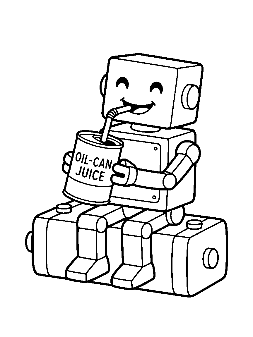 Robot Juice Break coloring page: a boxy robot sipping oil-can juice through a bendy straw while sitting on a battery-shaped bench