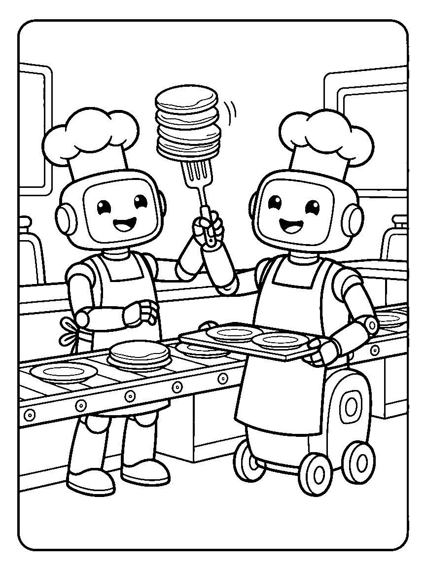 Robot Pancake Diner coloring page: a diner where a chef robot flips pancakes off a conveyor belt onto plates carried by a rolling waiter-bot