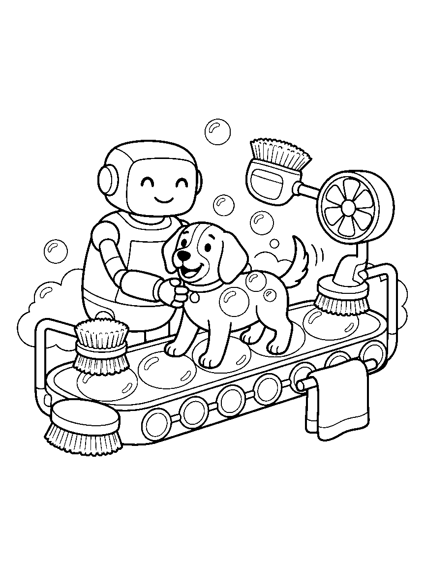Robot Pet Wash coloring page: a gentle robot bathing a happy dog on a bubble conveyor with brushes, a dryer fan, and a towel arm