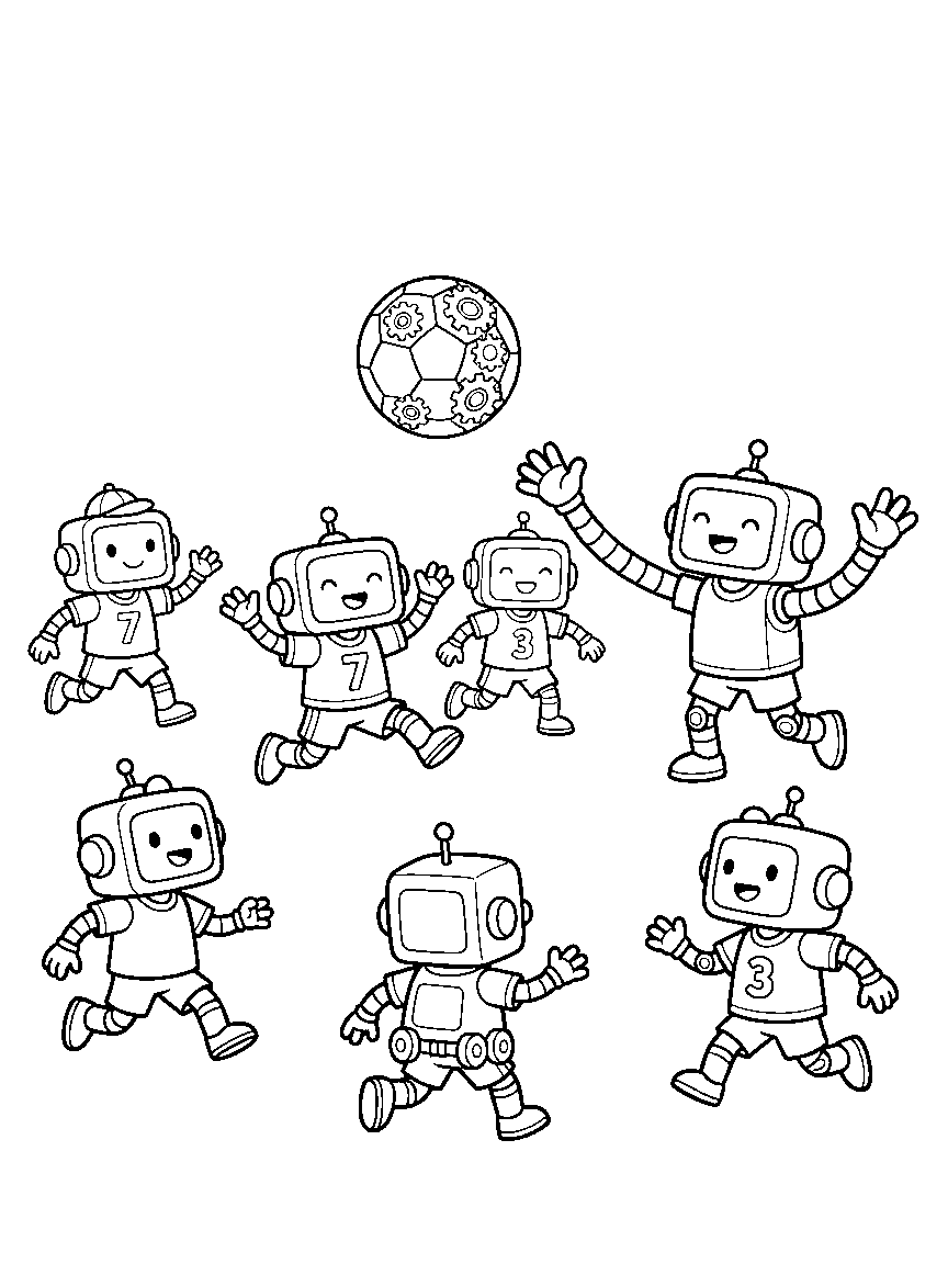 Robot Soccer Match coloring page: two teams of small robots playing soccer with a gear-patterned ball, one goalie stretching extendable arms