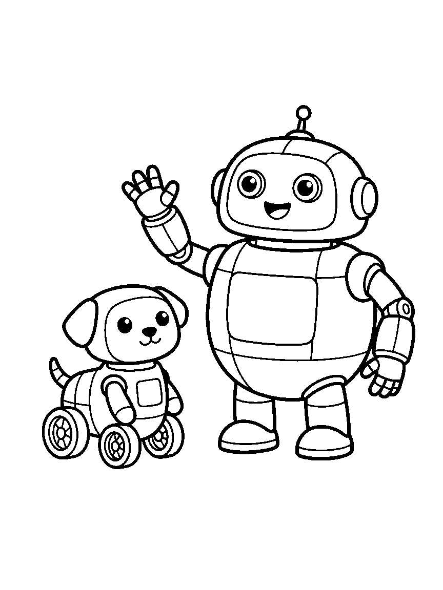 Waving Round Robot coloring page: a big round robot with dial eyes and a single antenna waving hello beside a tiny robot dog with wheel feet