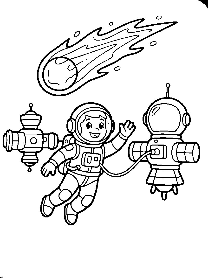 Astronaut Spacewalk coloring page: an astronaut floating on a tether outside a friendly space station, waving at a passing comet with a swirly tail