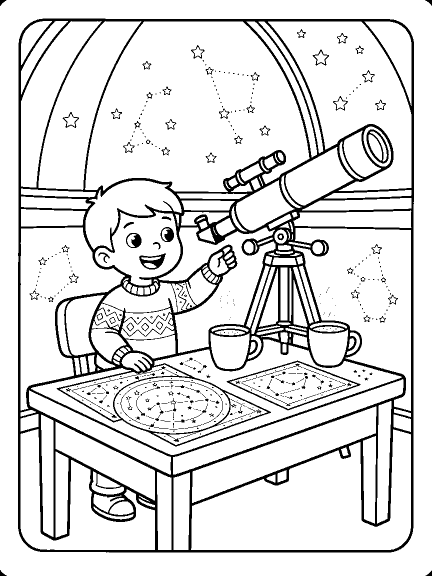 Constellation Observatory Night coloring page: an observatory scene with a large telescope, star charts, connected constellations, and mugs of cocoa on the desk