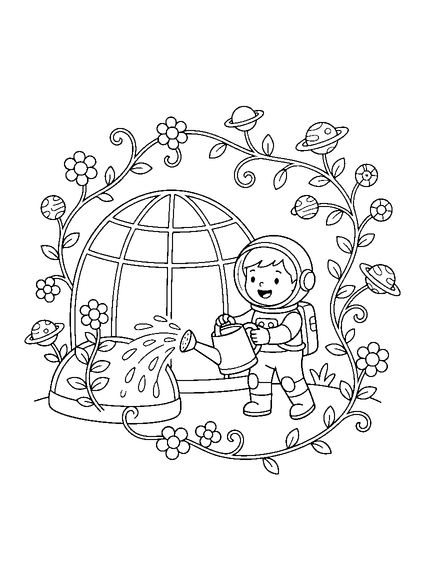 The Galaxy Garden coloring page: a whimsical garden in space where planet flowers bloom on curling vines around a greenhouse dome and watering-can satellite