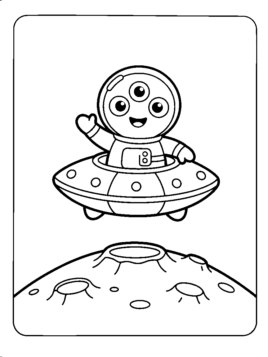 Little Alien Waves Hello coloring page: a round three-eyed alien waving from a small flying saucer with big rivets, above a cratered hill
