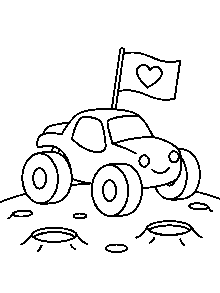 Moon Buggy Ride coloring page: a bouncy moon buggy with balloon tires driving over craters while a flag with a heart flutters behind