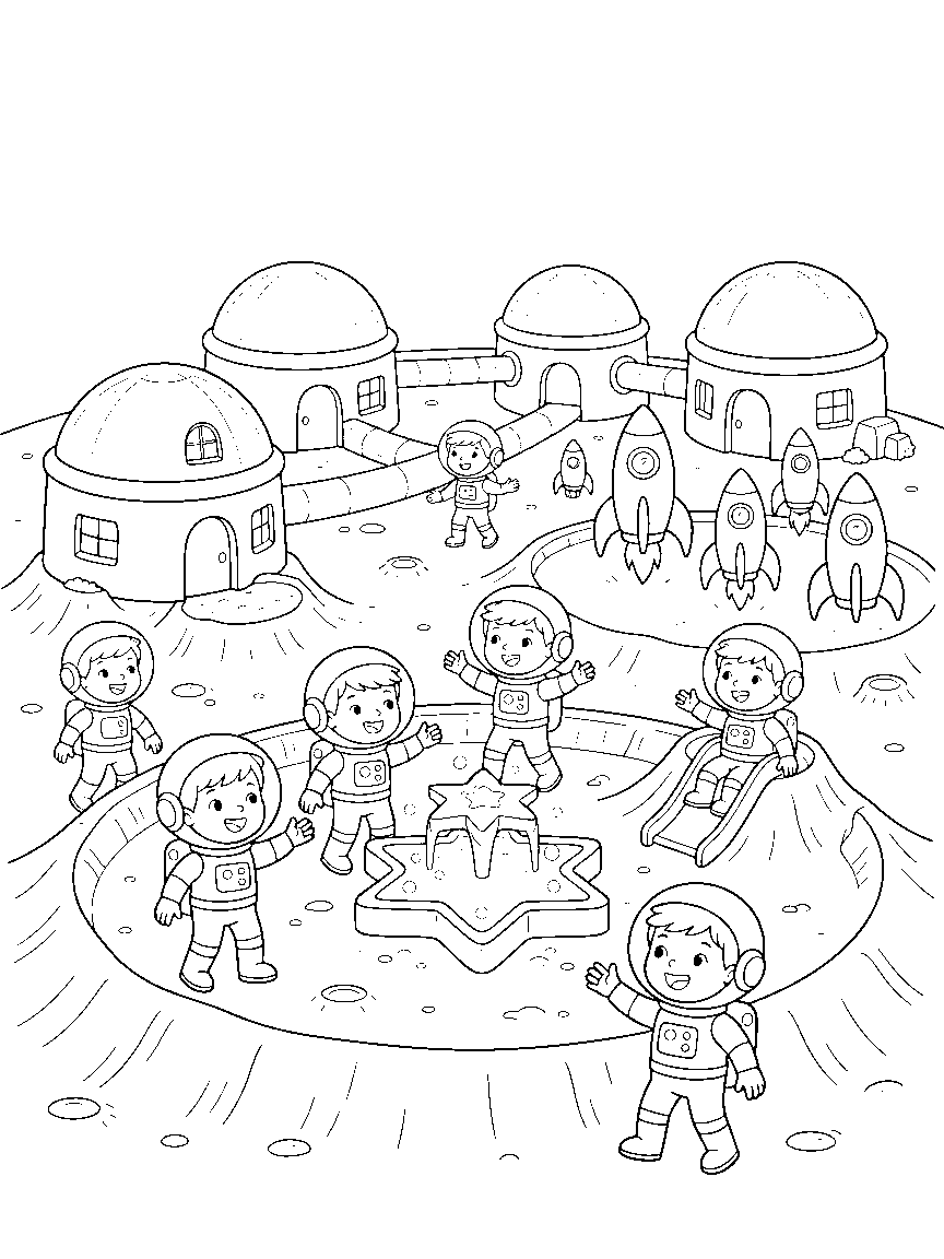 Moon City coloring page: a detailed moon city with dome houses, tube walkways, rocket parking, a crater park, and a star-shaped fountain