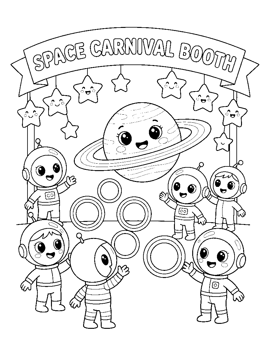 Planet Ring Toss Game coloring page: playful aliens tossing giant rings onto a smiling ringed planet at a space carnival booth with prize stars