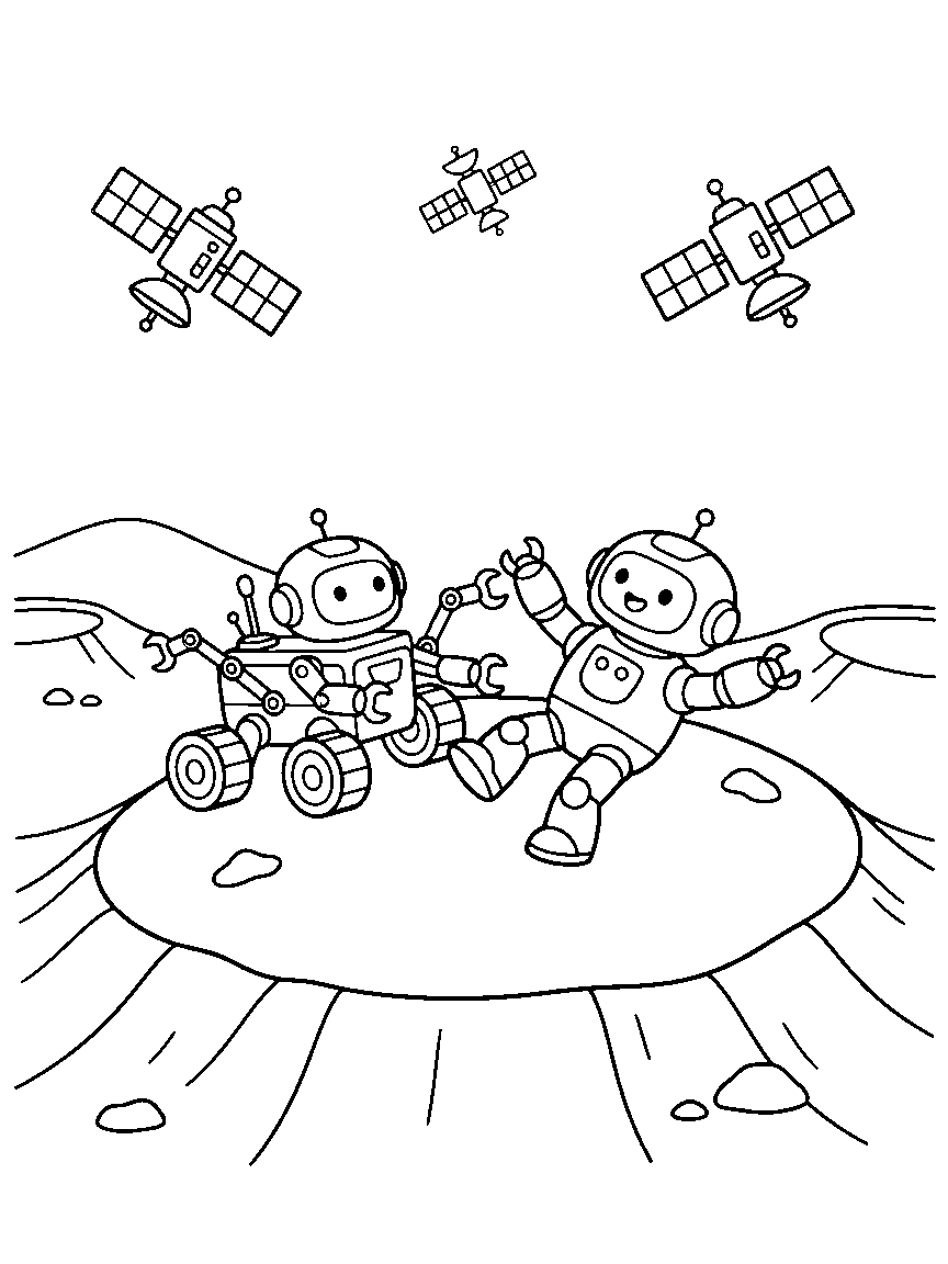 Rover Rescue Mission coloring page: a small rover with tool arms helping a tipped-over robot up a crater slope while satellites watch overhead