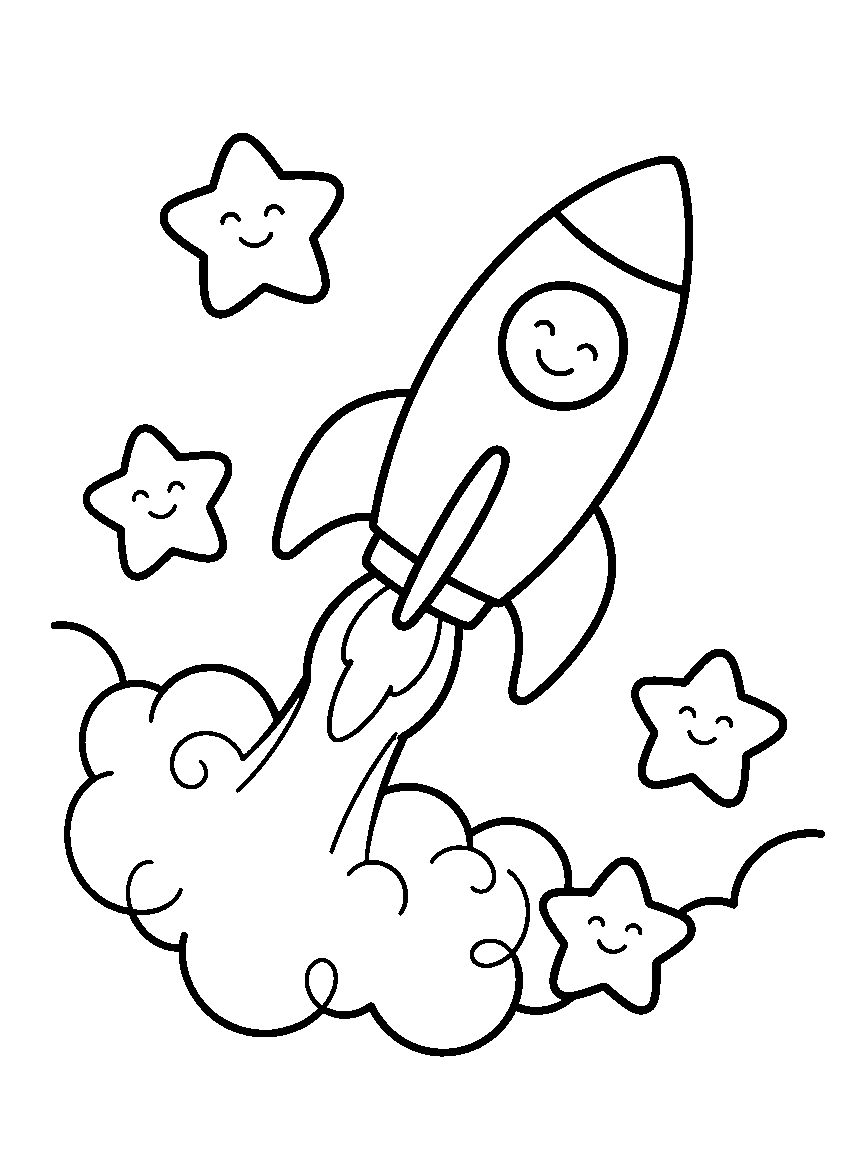 Smiling Rocket Launch coloring page: a big friendly rocket with a smiling porthole window lifting off on a swirl of clouds past three chunky stars