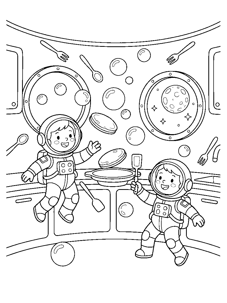 Space Station Pancake Kitchen coloring page: a zero-gravity kitchen where astronauts flip floating pancakes past drifting syrup bubbles and a porthole moon view