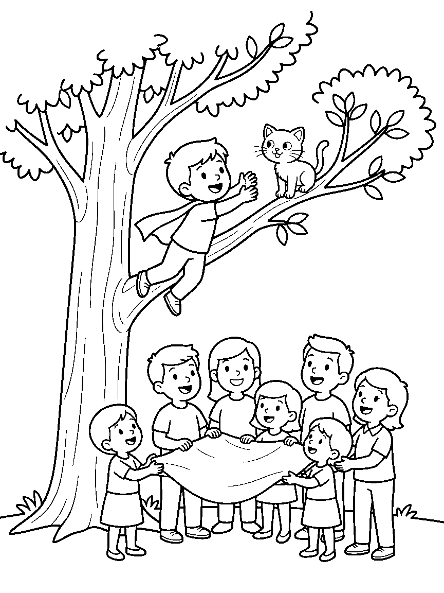 Classic Cat Rescue coloring page: a young hero floating up a tree to rescue a kitten while neighbors hold a welcome blanket below