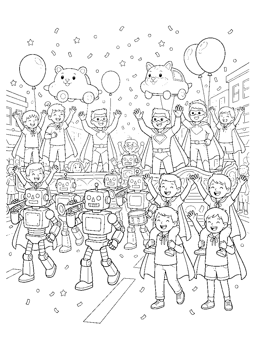 Hero Appreciation Parade coloring page: a city parade with confetti, balloon floats, marching-band robots, waving heroes, and kids in homemade capes on shoulders
