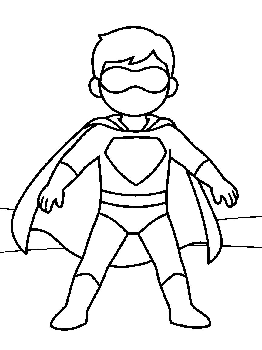 Design Your Hero Emblem coloring page: a friendly hero suit with a big blank chest shield, empty mask, and open cape ready for a child's own design
