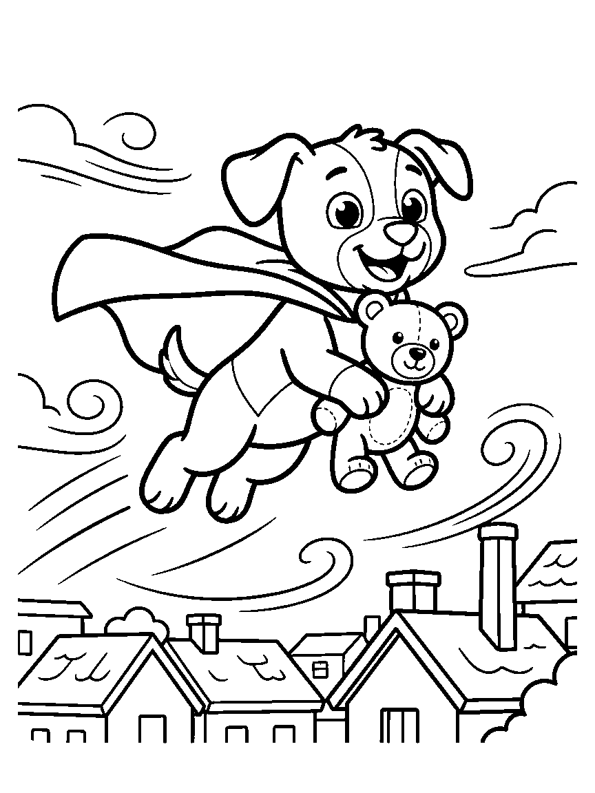 Flying Pup Sidekick coloring page: a caped puppy flying proudly over rooftops carrying a rescued teddy bear, with wind swirls and one tall chimney