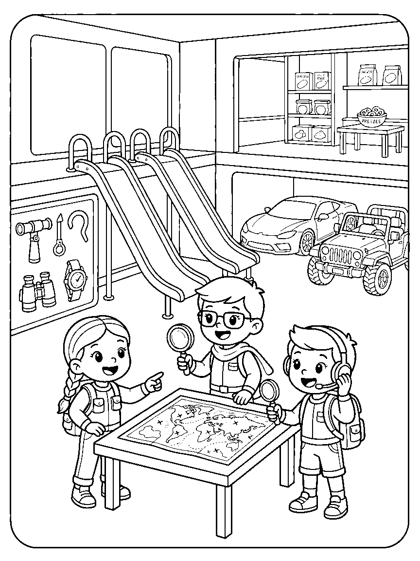 Hero Headquarters coloring page: a detailed headquarters with a map table, gadget wall, slide poles, a garage of vehicles, and a snack-stocked watch room