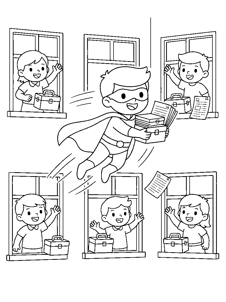 The Homework Hero coloring page: a hero using gentle speed lines to deliver forgotten lunchboxes and homework to a school's open windows