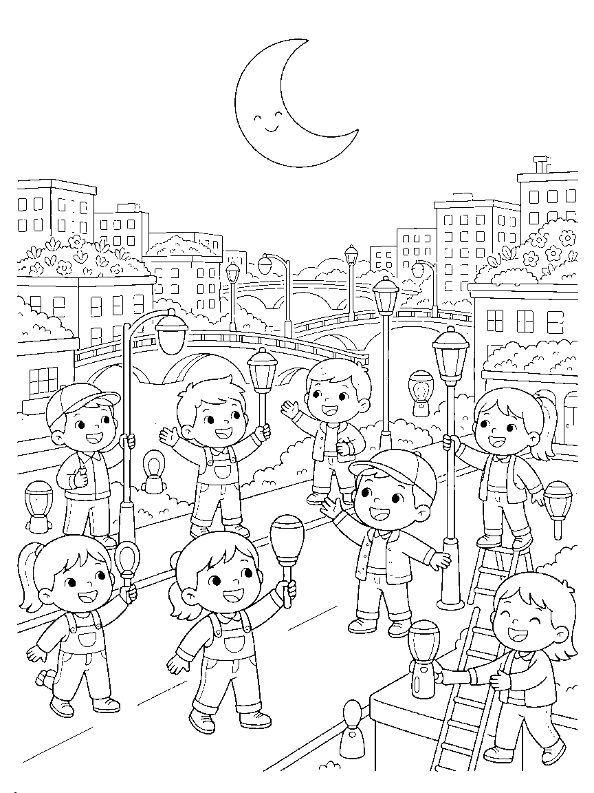 Night Lights Patrol coloring page: heroes checking streetlamps and nightlights across a detailed evening cityscape with bridges, rooftop gardens, and a moon