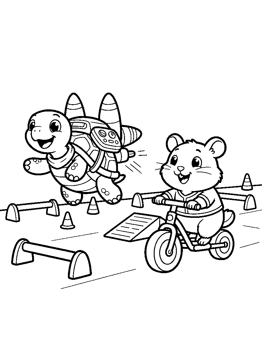 Sidekick Tryouts coloring page: animals auditioning as sidekicks on an obstacle course — a turtle with a jet pack, a hamster in a wheel-car