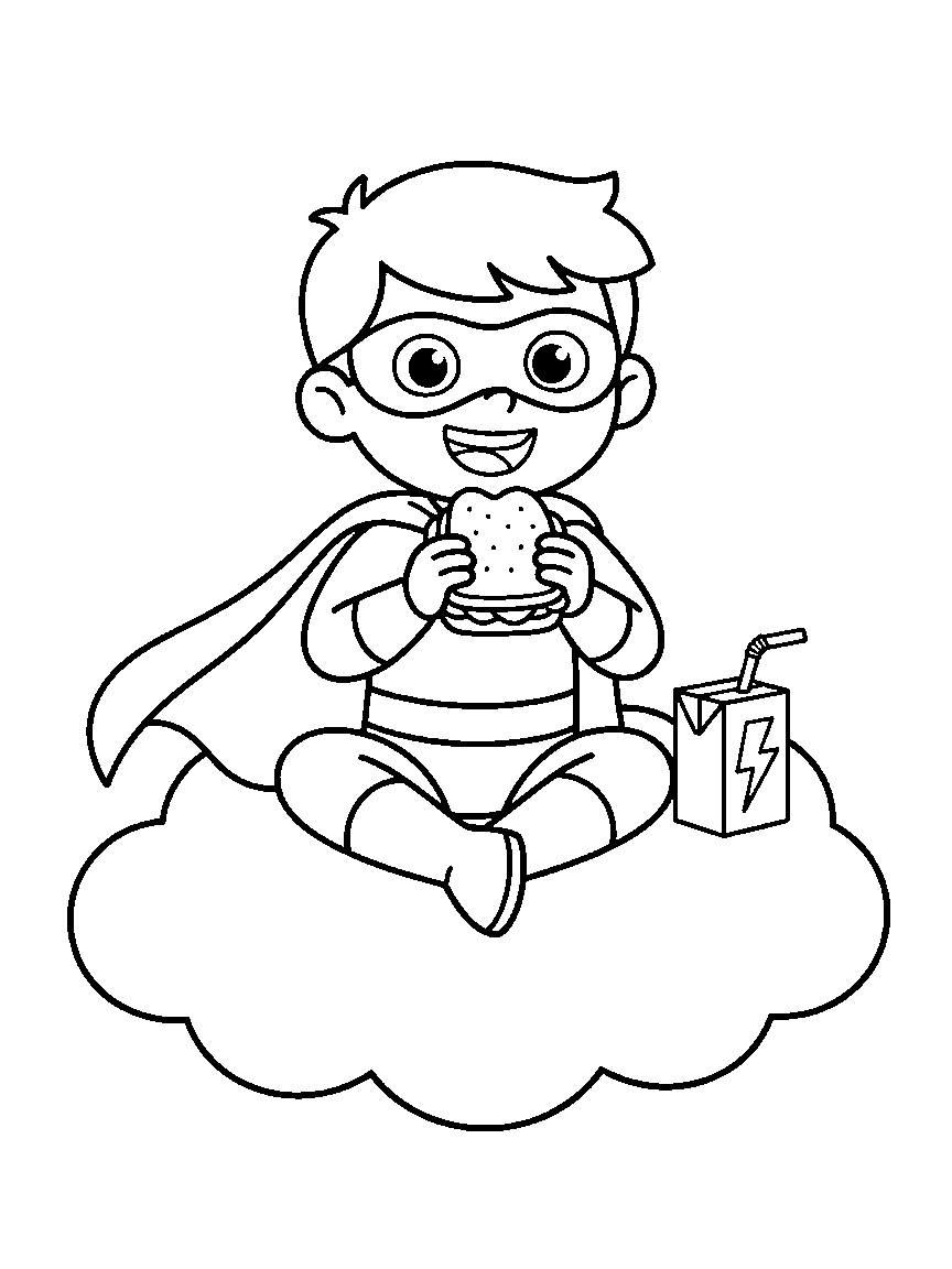 Super Snack Break coloring page: a young caped hero sitting on a cloud eating a sandwich beside a juice box with a lightning-bolt straw