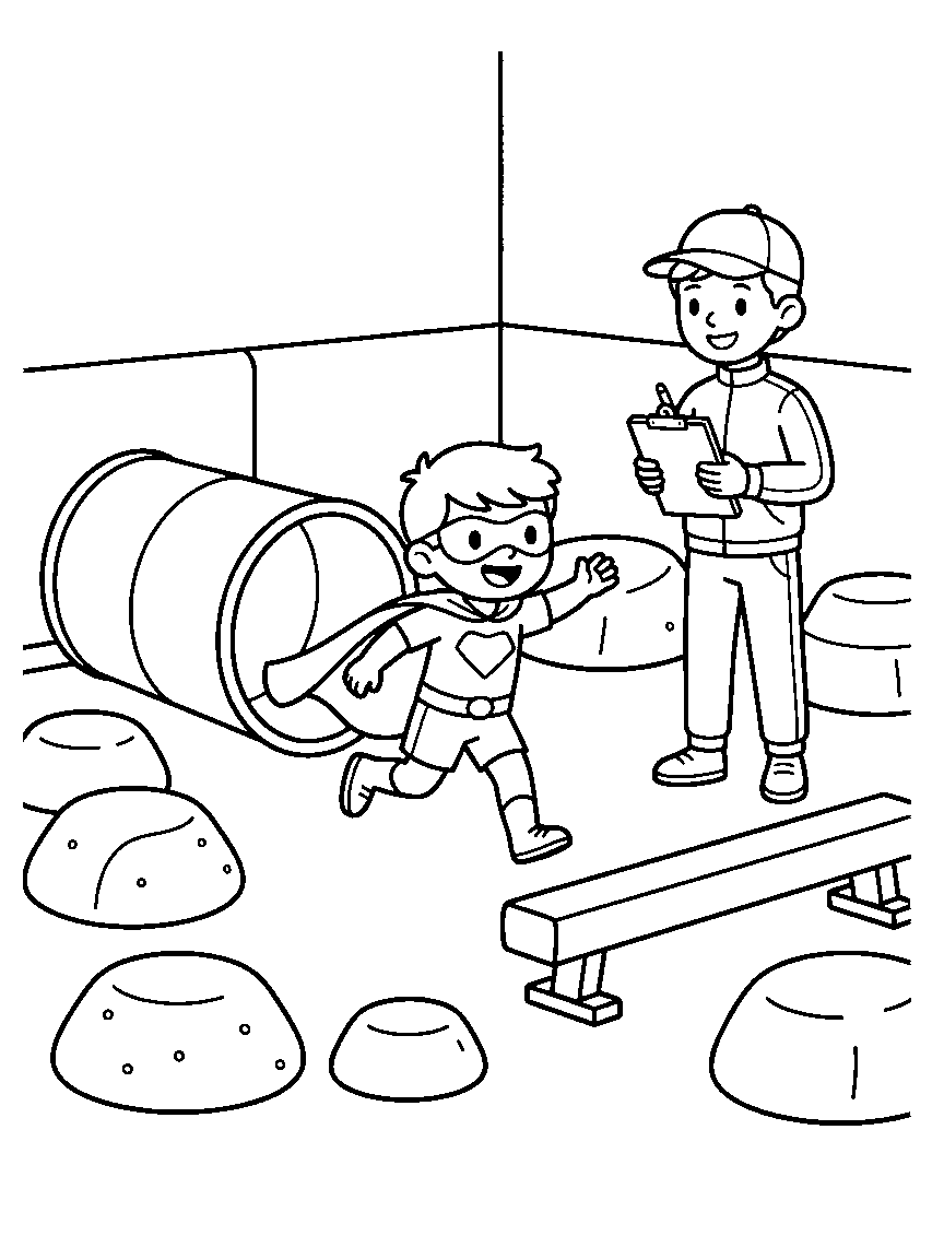 Hero Training Gym coloring page: a training gym with foam boulders, a cape wind tunnel, balance beams, and a coach checking a clipboard