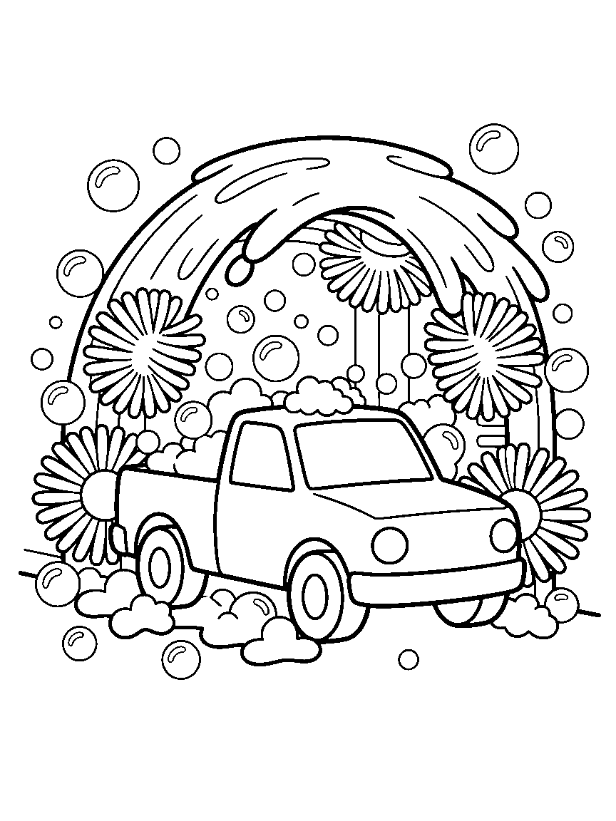 The Car Wash Tunnel coloring page: a pickup truck rolling through a car wash with giant spinning brushes, soap bubbles, and a wavy water arch