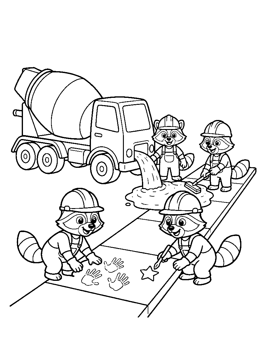 Cement Mixer Sidewalk Crew coloring page: a cement mixer pouring a new sidewalk while raccoon workers smooth it and stamp two handprints and a star