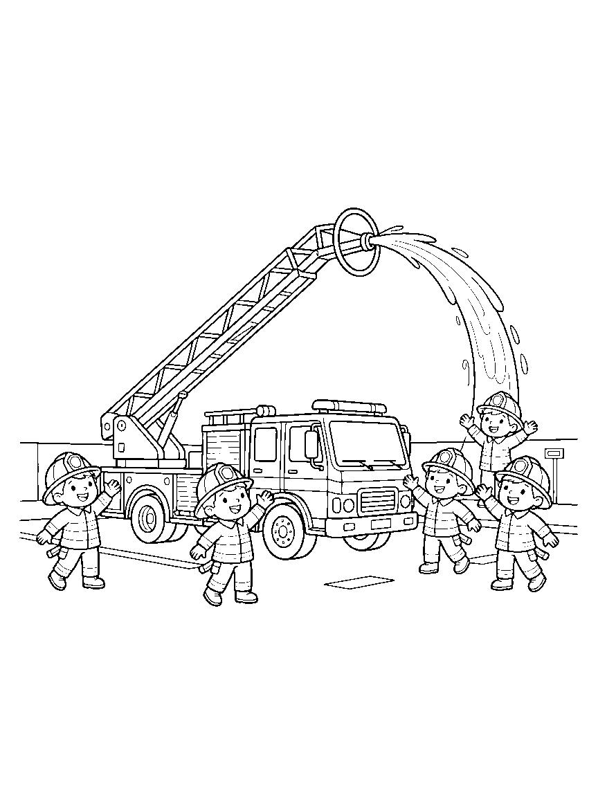 Fire Truck Practice Day coloring page: a fire truck with an extended ladder spraying an arc of water through a practice hoop at the station yard