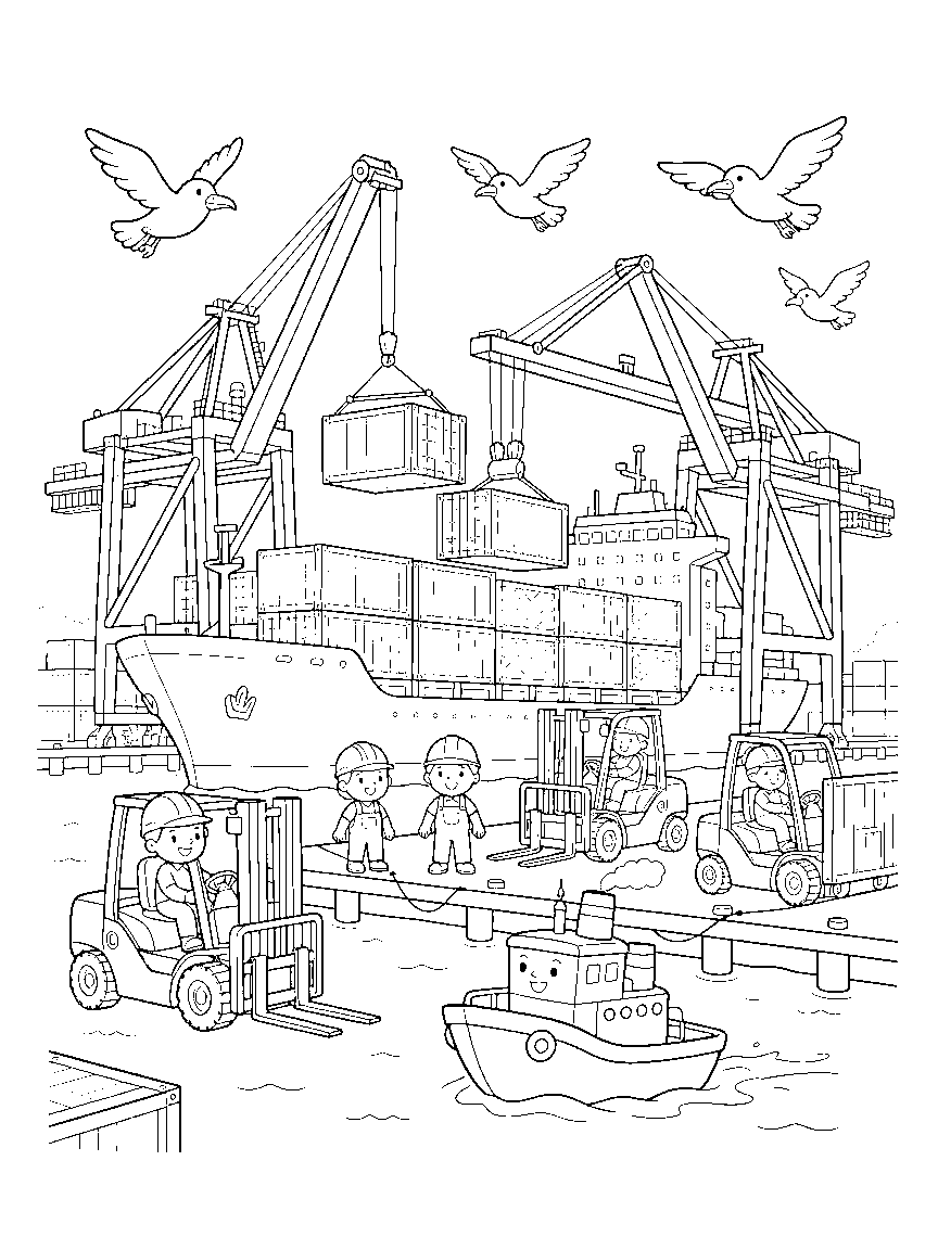 Harbor Crane Dock coloring page: a detailed harbor where cranes load patterned containers onto a ship while forklifts, seagulls, and a tugboat work below