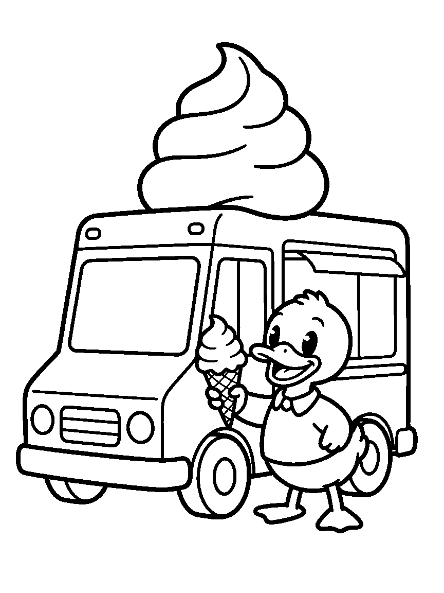 Ice Cream Truck Stop coloring page: a cheerful ice cream truck with a giant cone on top, serving a swirl cone through the window to a happy duck