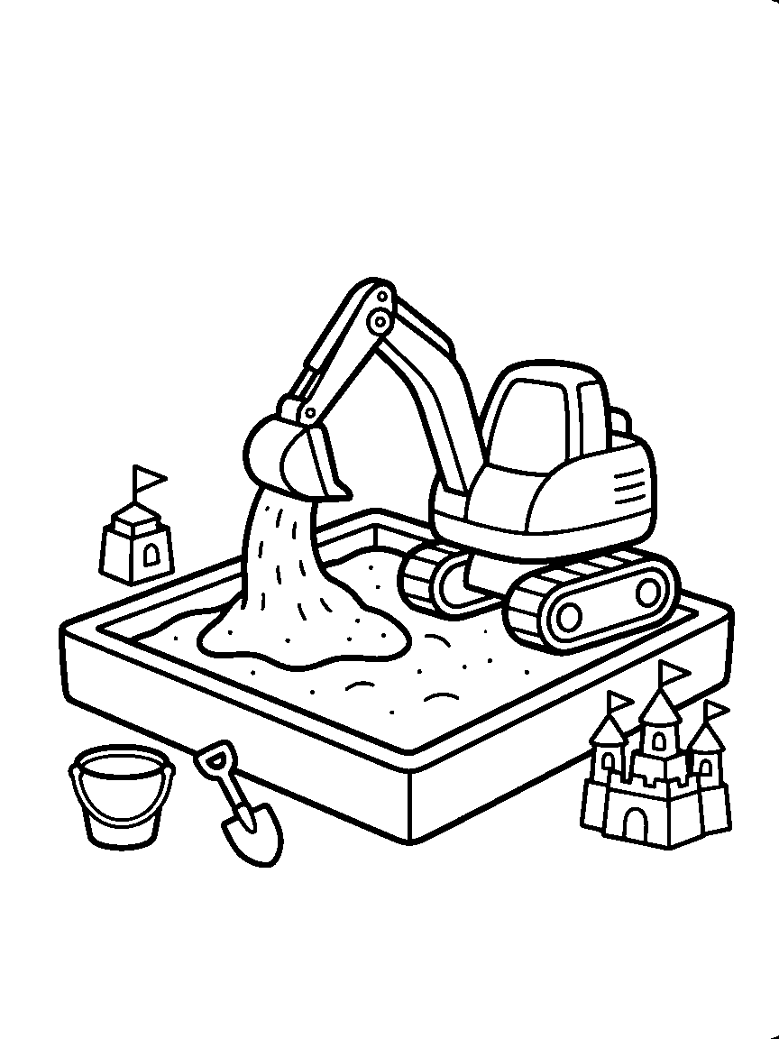 Little Digger in the Sandbox coloring page: a small excavator scooping sand in a giant sandbox with a pail, shovel, and a toy flag castle