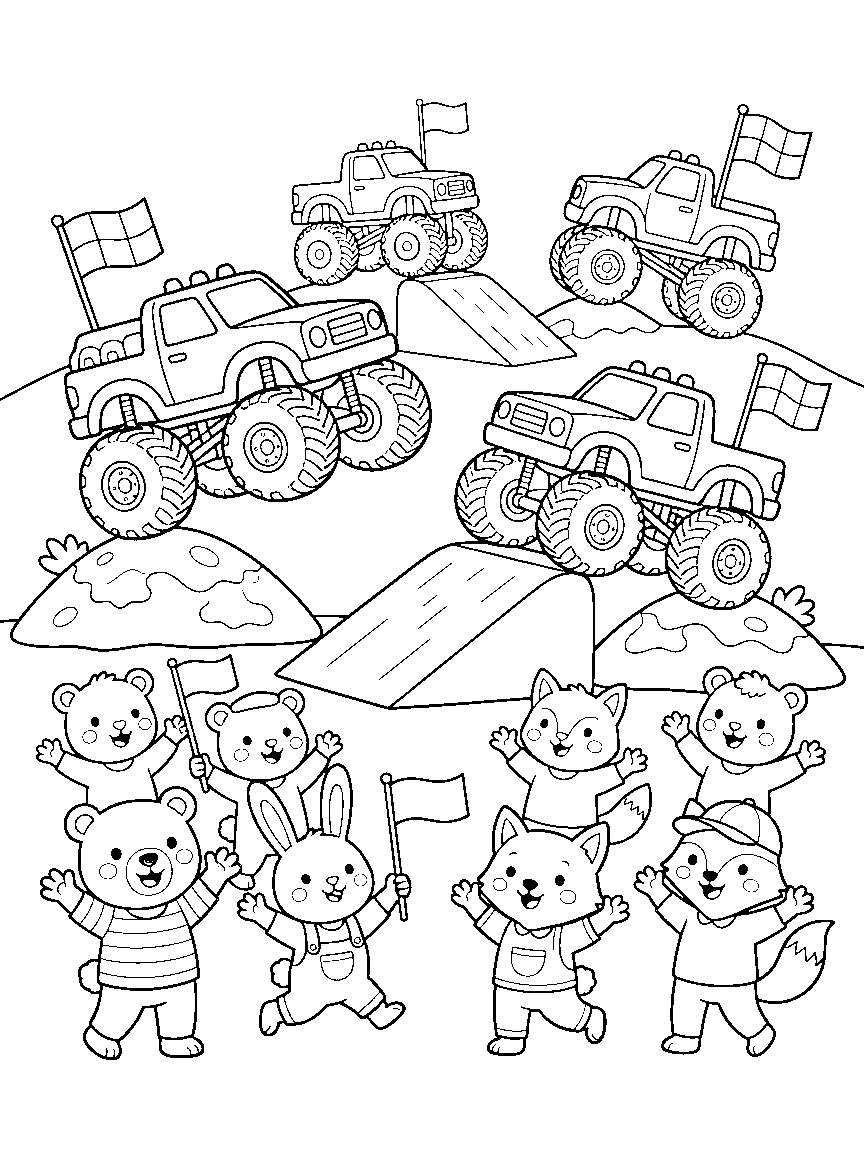Monster Truck Mud Rally coloring page: monster trucks with patterned wheels bouncing over mud hills past checkered flags, a ramp, and a cheering animal crowd