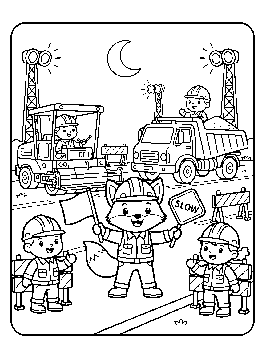 Night Road Crew coloring page: a nighttime road crew with a paver, dump truck, light towers, striped barriers, and a fox flagger under a crescent moon