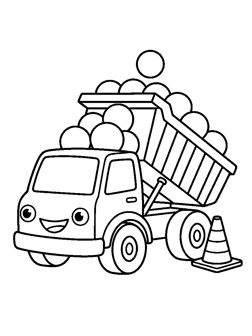 Smiling Dump Truck coloring page: a big friendly dump truck with a smiling bumper tipping a load of round boulders beside a warning cone
