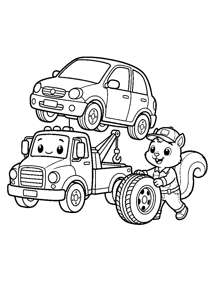 Tow Truck to the Rescue coloring page: a kind tow truck lifting a small car with a flat tire while a squirrel mechanic rolls over a spare