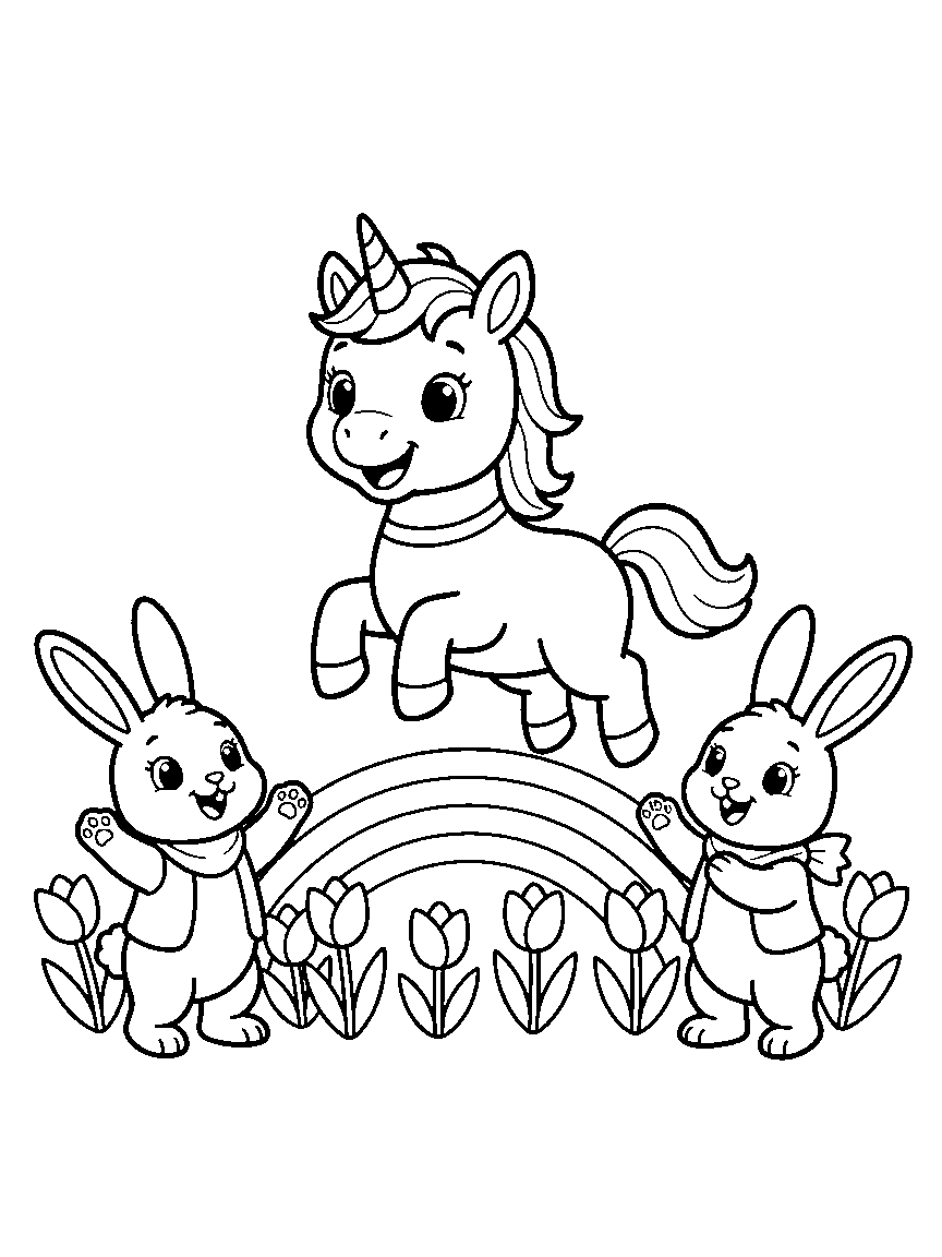 Baby Unicorn's First Jump coloring page: a baby unicorn joyfully jumping over a low rainbow arc while two bunnies cheer beside a tulip patch