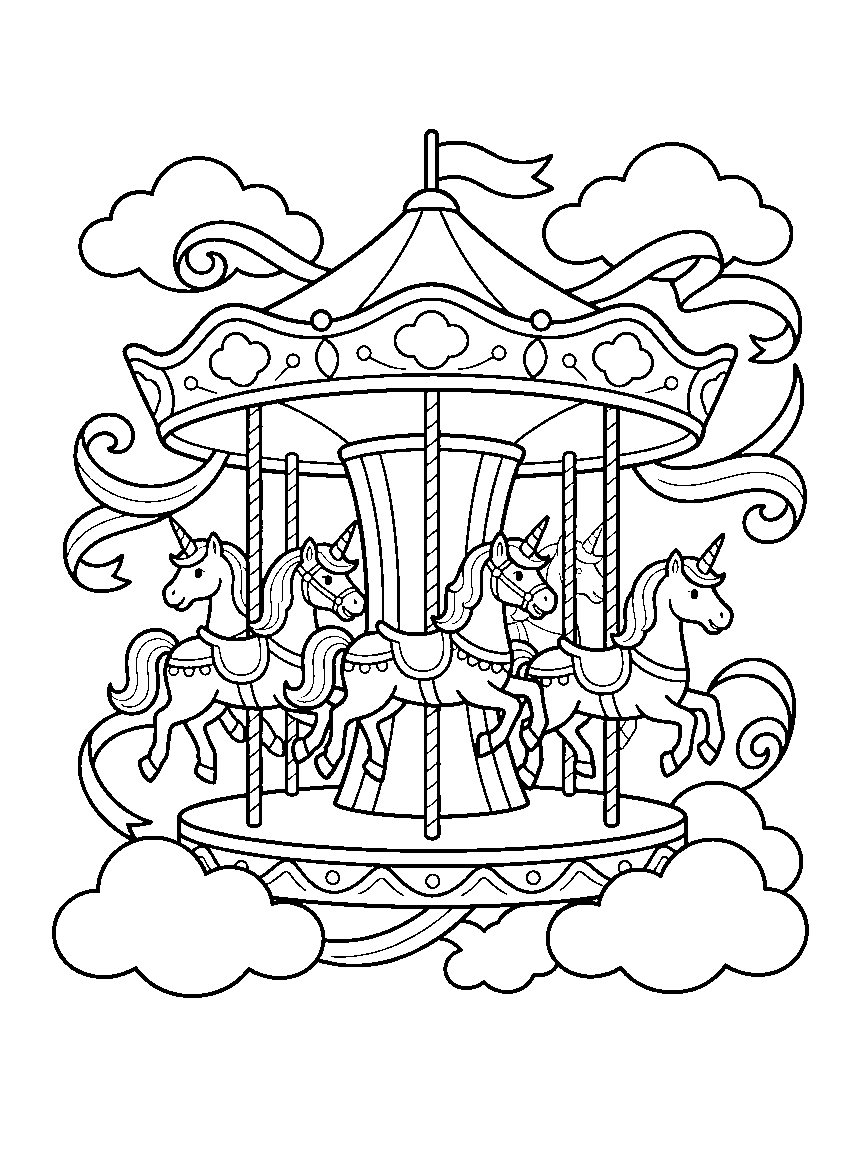 Cloud Kingdom Carousel coloring page: an ornate carousel in the clouds with unicorn figures, striped poles, scalloped canopy, and swirling ribbon banners