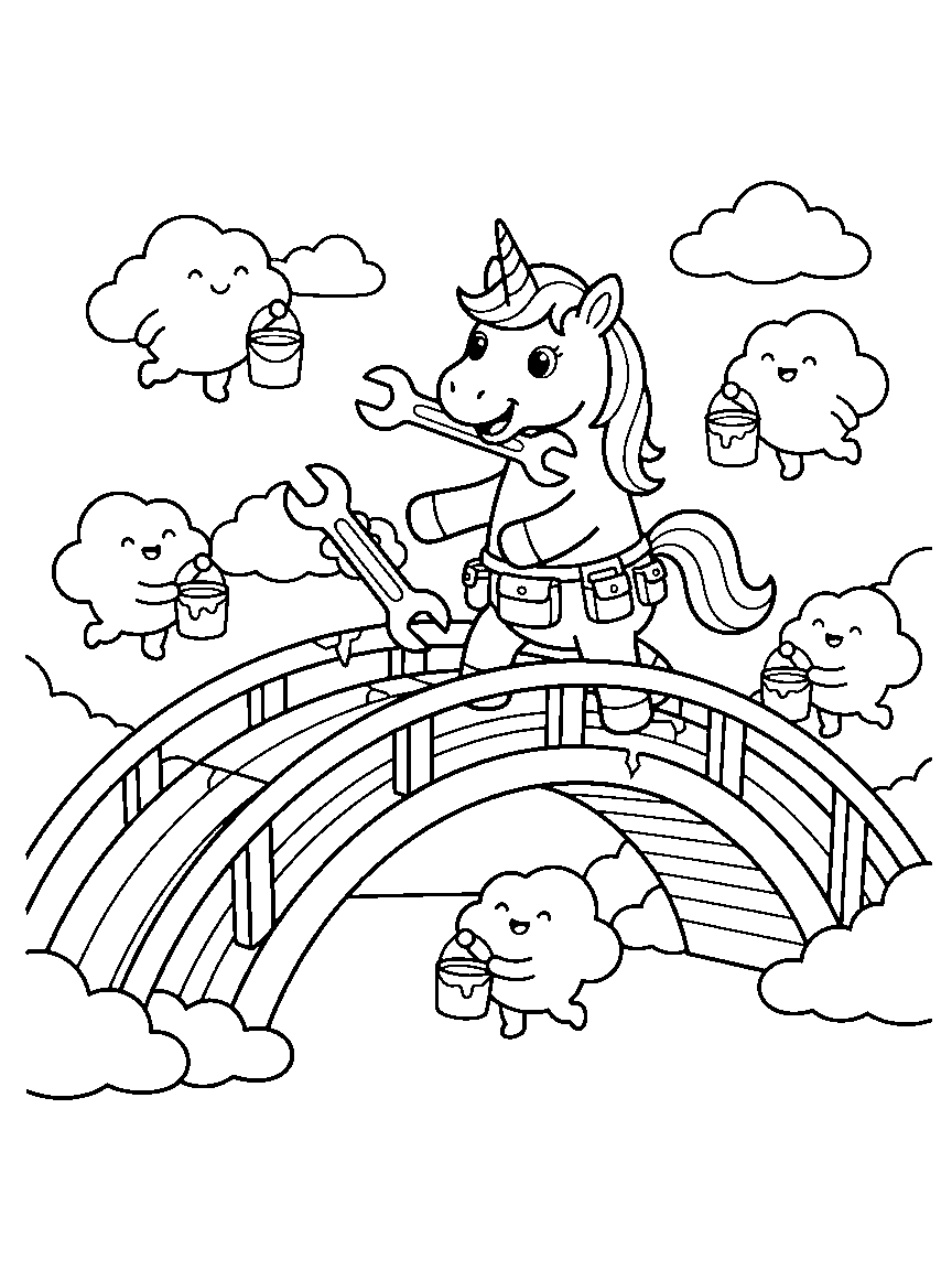 Rainbow Bridge Repair Crew coloring page: a unicorn wearing a tool belt fixing a rainbow bridge with a wrench while cloud helpers hold paint buckets