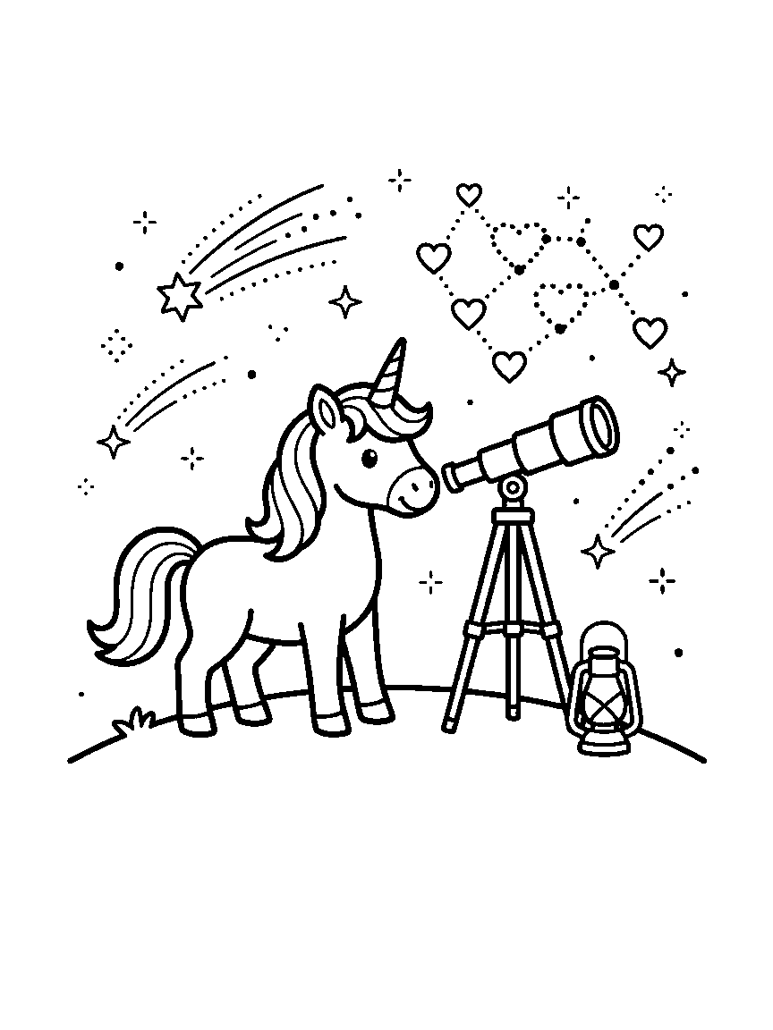 Stargazing Unicorn coloring page: a unicorn looking through a telescope on a hilltop with a picnic lantern, comets, and a constellation of hearts