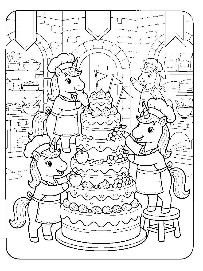The Unicorn Castle Bakery coloring page: a busy castle bakery where unicorns decorate a five-layer cake with frosting swirls, fruit, and flag toppers