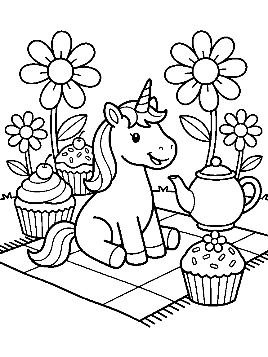 Unicorn Cupcake Picnic coloring page: a happy unicorn seated at a picnic blanket with three giant cupcakes, a teapot, and oversized daisies