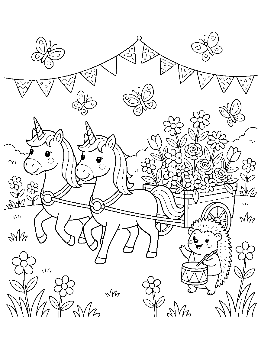 Unicorn Garden Parade coloring page: two unicorns pulling a flower cart in a garden parade with butterflies, bunting flags, and a drumming hedgehog