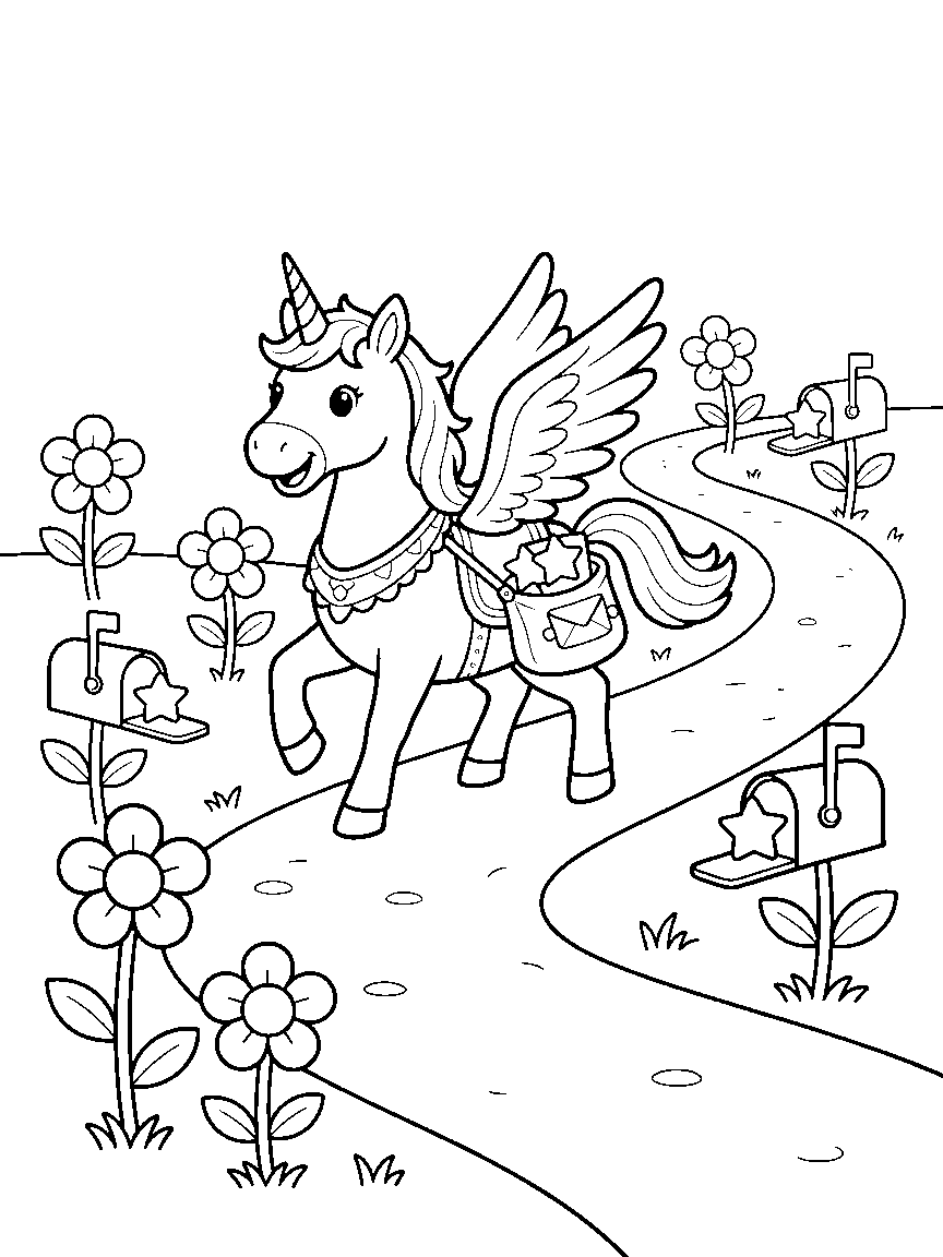 Unicorn Wish Mail Carrier coloring page: a winged unicorn delivering star-shaped letters from a mail bag to mailbox flowers along a curving garden path