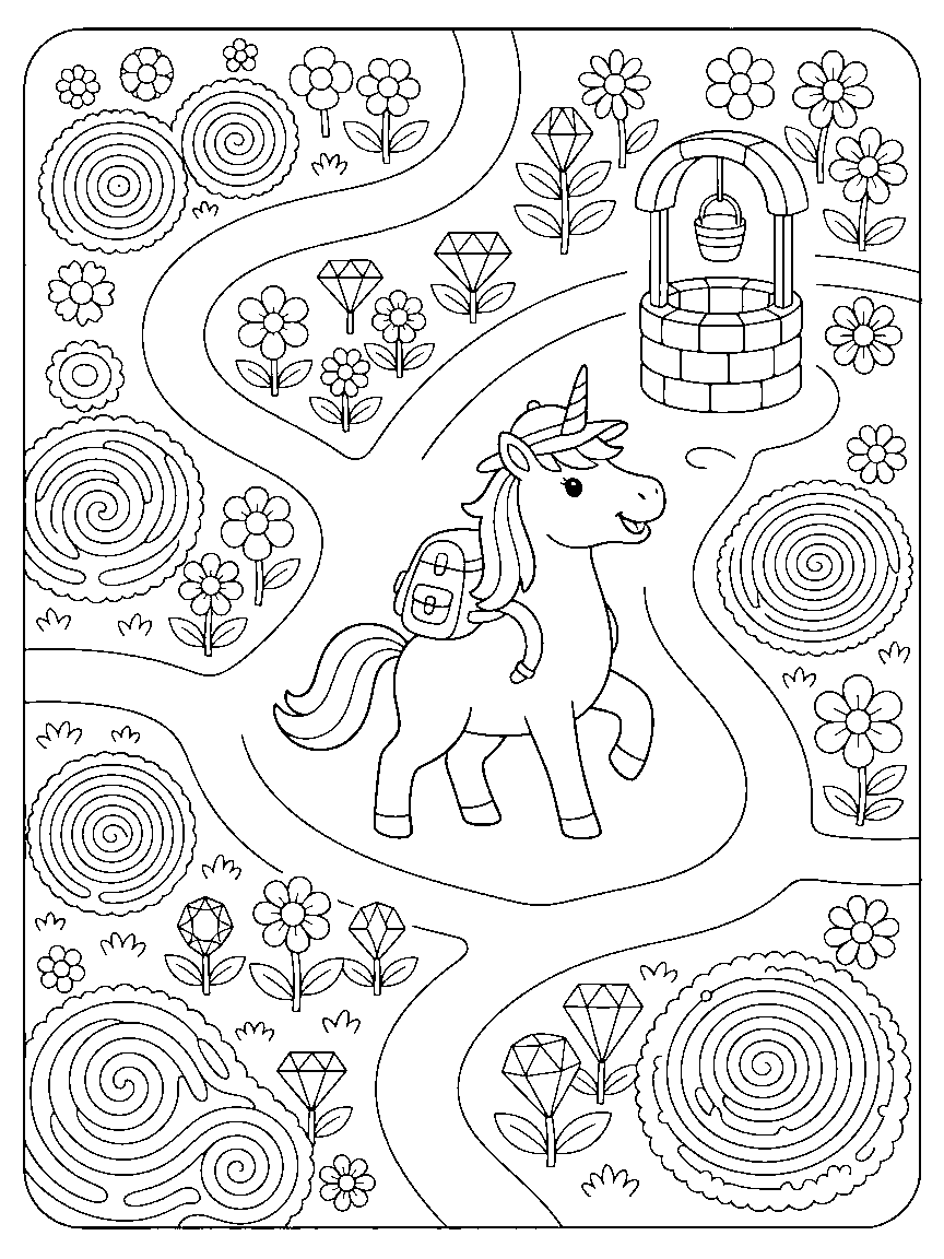 Unicorn Treasure Garden Map coloring page: a detailed garden map with winding paths, gem flowers, a wishing well, hedge spirals, and a unicorn explorer